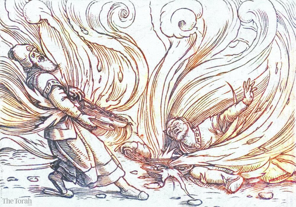 Nadav and Avihu killed by flames (colorized), Hans Holbein (II), 1538. Rijks Museum